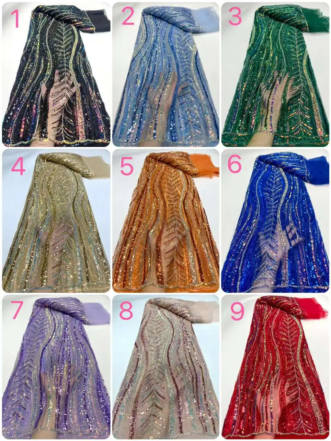 Elegant Luxury Beaded Lace Sequins African Lace Fabric 2023 High Quality Lace 5 Yards Nigerian Net Lace Fabric for Evening Dress