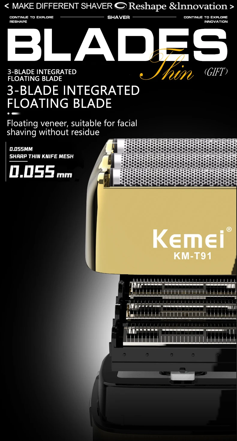Kemei Elektrische Triple Klingen Rasierer Wiederaufladbare Barber Folie Rasierer Professionelle Cordless Glatze Rasieren Maschine Männer KM-T91 – Detail 4