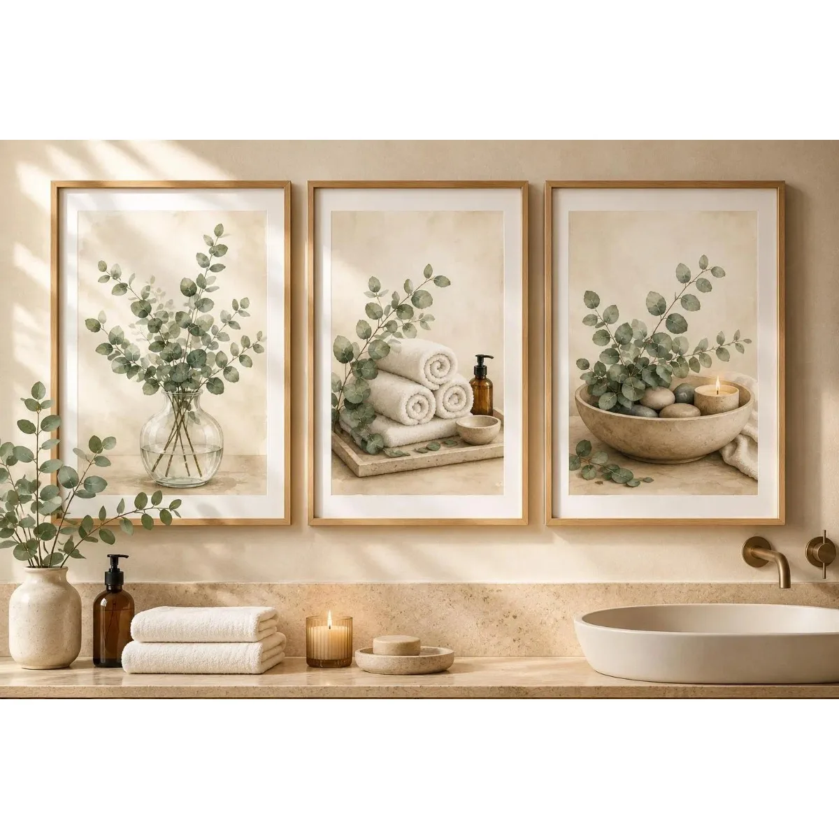 1/3pcs Neutral Beige Botanical Bathroom Canvas Prints Poster Minimalist Rustic Towel Stone Candle Art Prints Restroom Home Decor