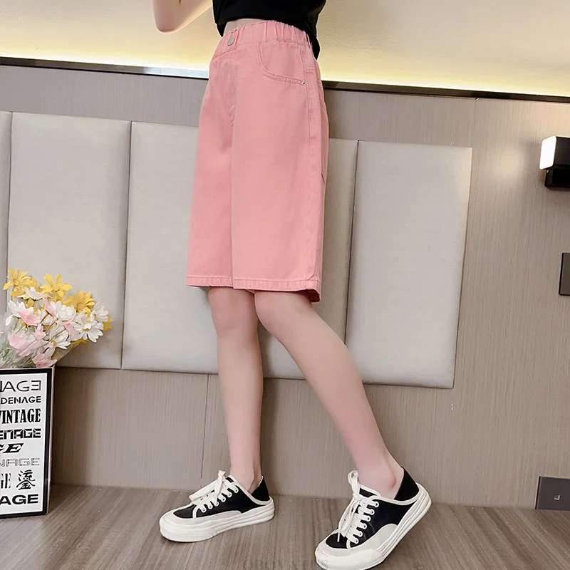 Fashion Kids Pink Denim Shorts For Teens Girls Unique Design Knee Length Mini Jeans Pants Child Slim Fit Summer Shorts Trousers