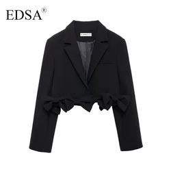 EDSA Women Black Cropped Blazer with Tie Laple Collar Long Sleeves Shoulder Pads for Female Jacket Coat