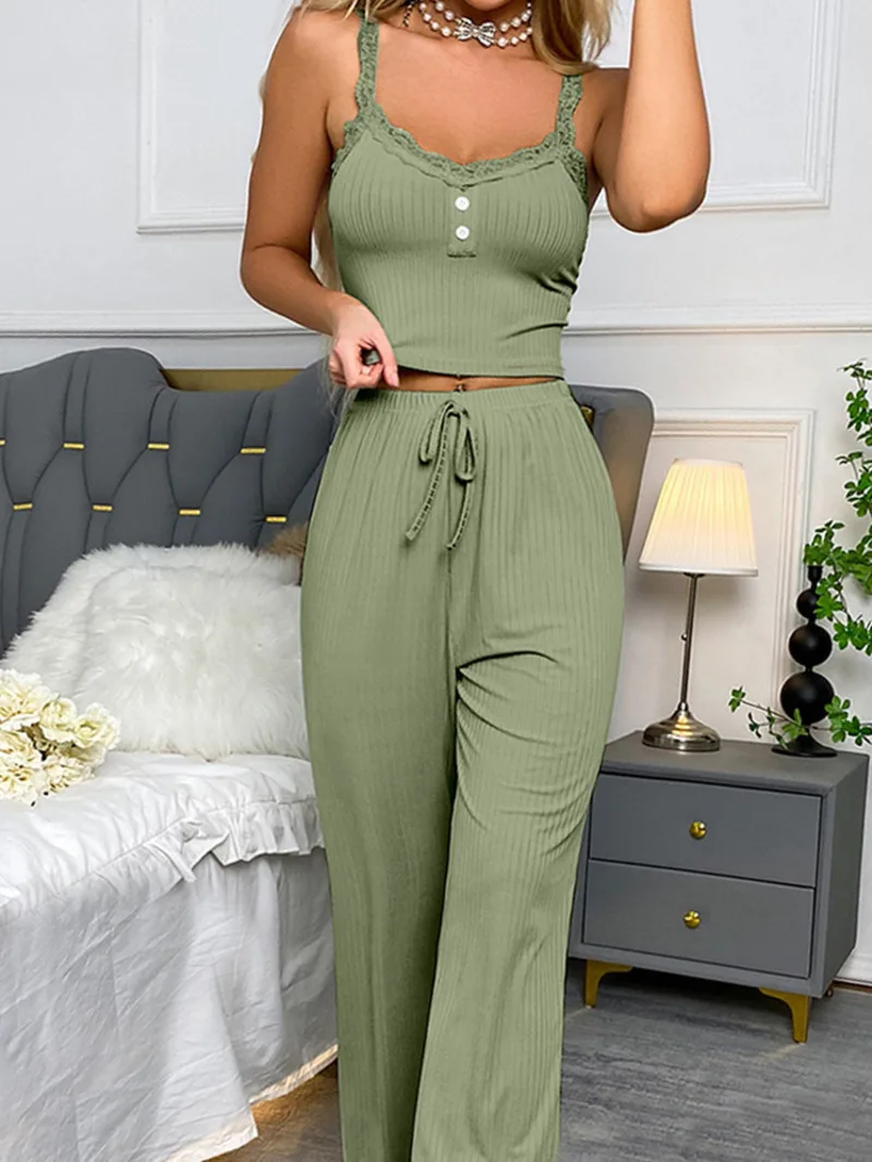 2024 Casual Women's Summer Lace Camisole Women Pants Set Sexy Women's Comfortable Soft Girl Slim Fit High Waist Pure Colour 3GL5