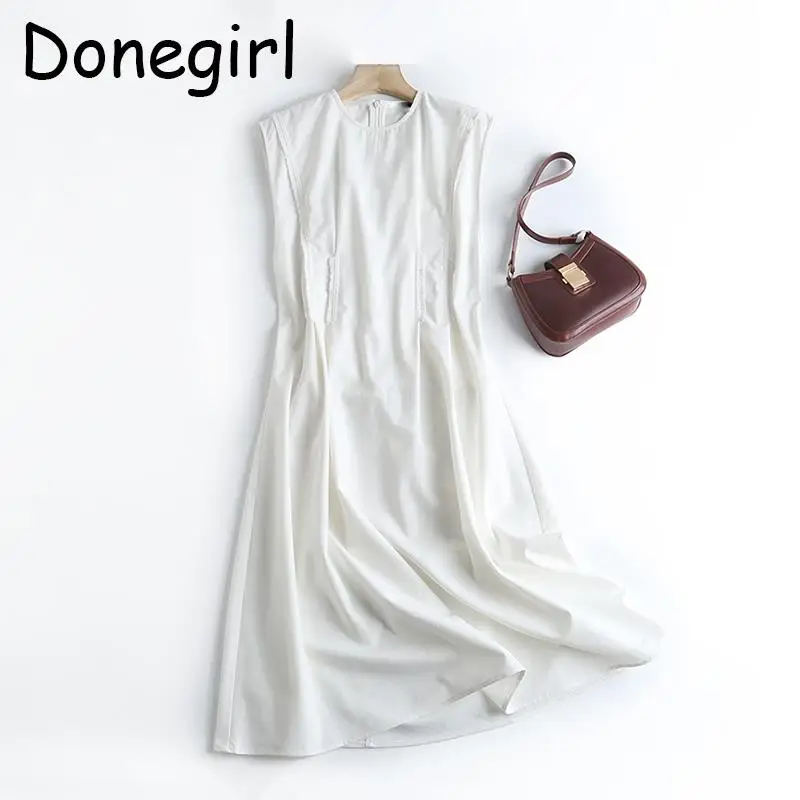 

Donegirl Fashion 2023 New Summer Sleeveless Linen Solid Vest Dresses Pleats Waist Slim Elegant Midi Dresses Female Chic Fashion