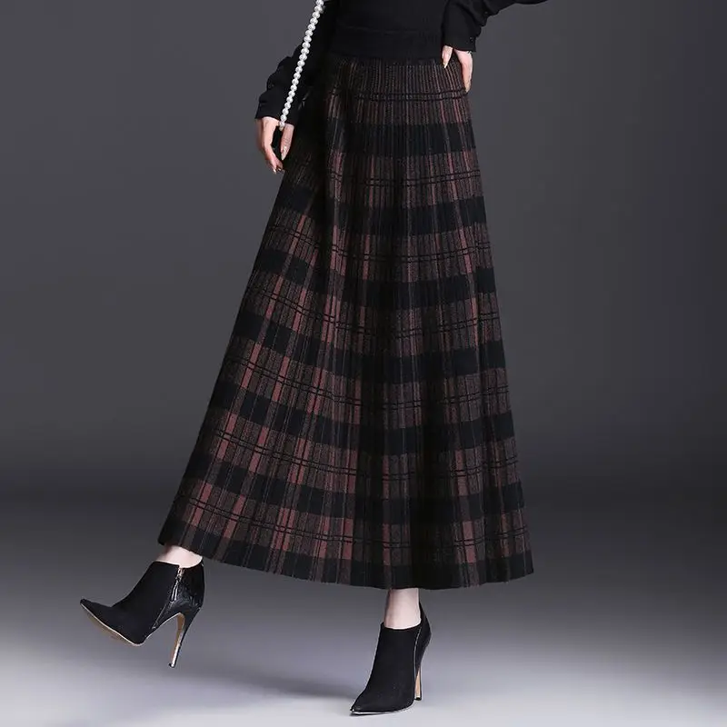 Autumn Winter High Waist  Knitted  A-line Maxi Skirt Women Casual  Skirt Plaid Long skirt