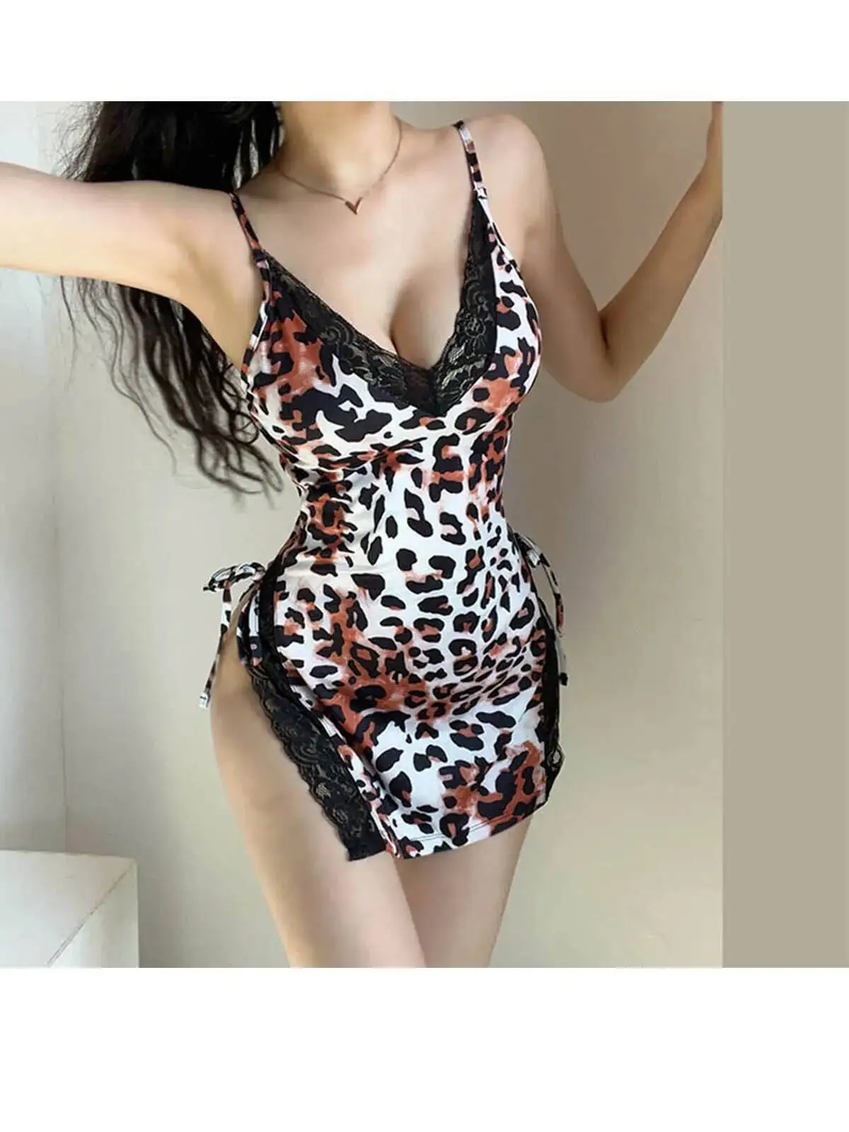 Nieuwe Stijl Sexy Pure Desire Hot Meisje Kant Splicing Split Gedrukt Band Jurk Elegante LUIPAARD Zoete Vrouwen Tops Jurk B7YY