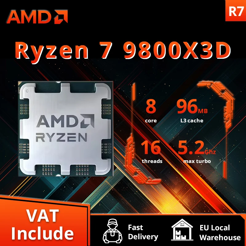 AMD Ryzen ™ 7 9800X3D Nouveau processeur, cache V 3D 8C/16T 120W jusqu'à 5,2 GHz, L3=96M 100-100001084 Socket AM5 mais sans refroidisseur