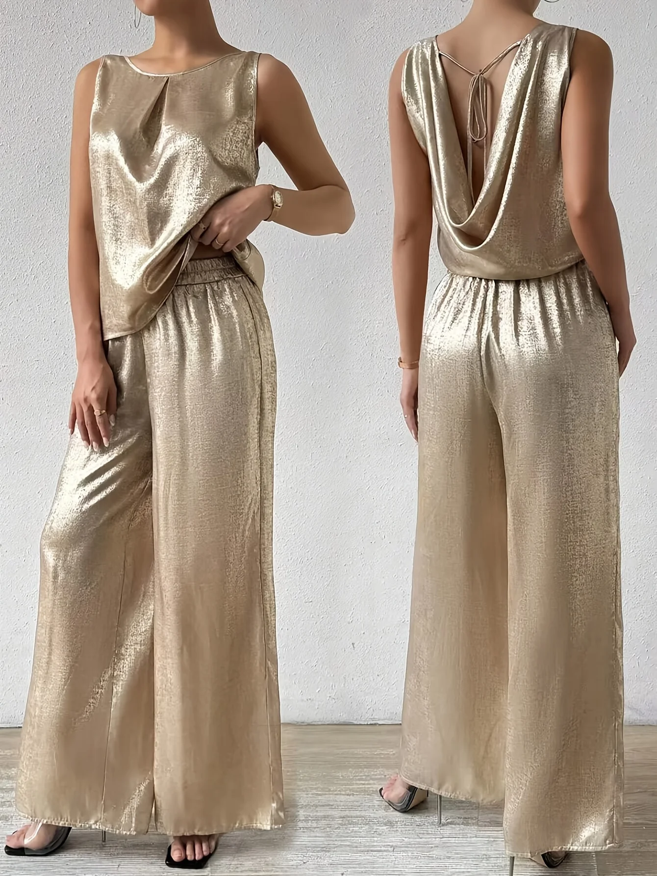 Women Shiny Gold Satin 2 Piece Set Sleeveless Tank Top + Wide Leg Pants Elegant Party Outfit Summer Casual Tracksuit for Women