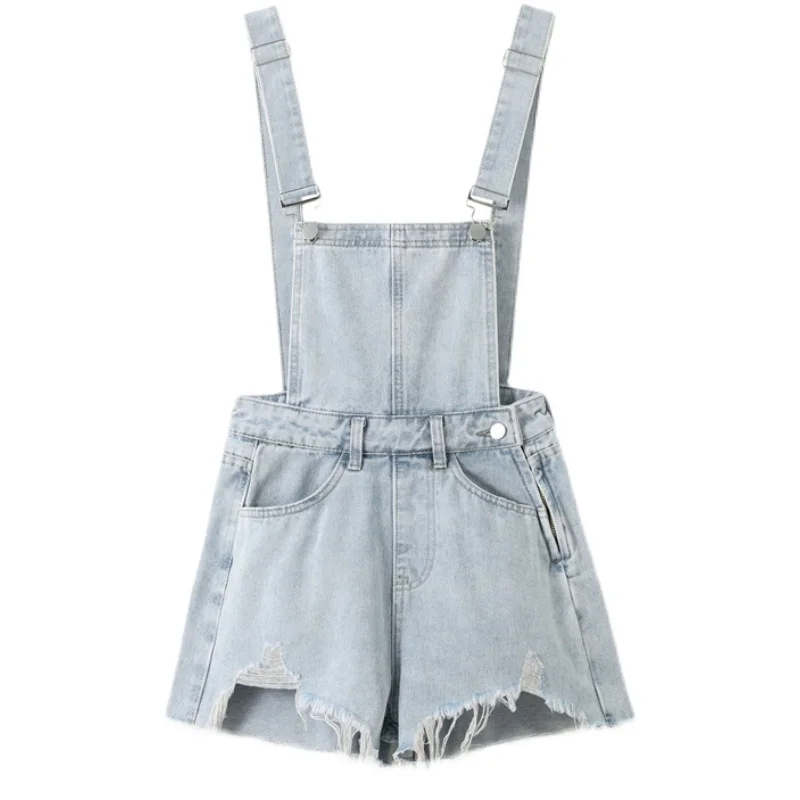 Summer New Women Denim Overalls Loose High Waist Hole Raw Edge Wide Leg Hot Pants Casual Female Strap Shorts