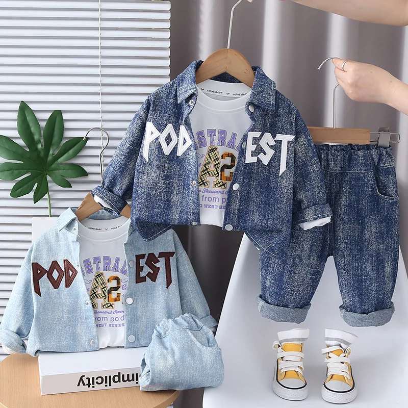 

Boys Clothes Sets Spring Autumn 2025 Children Coats T-shirts Pants 3pcs Fashion Suit For Baby Denim Outfits Kids Tracksuits 4 5Y