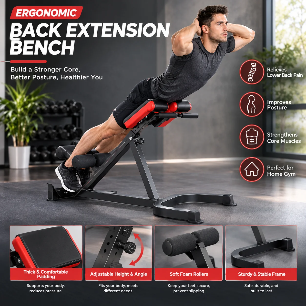 Banc d'extension du dos ergonomique et réglable pour la correction de la posture et le soulagement des douleurs lombaires, machine de renforcement du tronc de type chaise romaine pour la salle de sport à domicile, entraîneur de décompression vertébrale sûr et stable