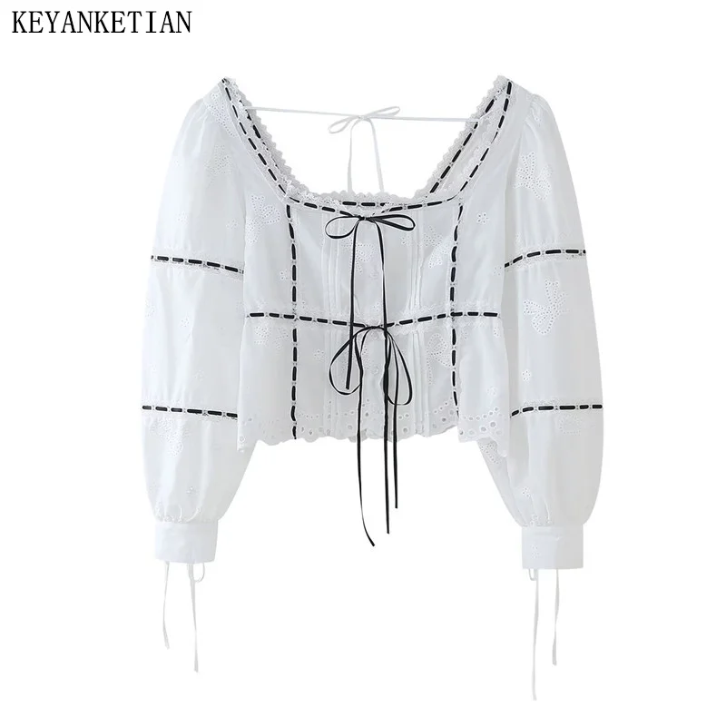 

KEYANKETIAN 2024 New Launch Hollow out Embroidery Lace Decoration Puff Sleeve Shirt Bohemian Ribbon Seam Detail Women's Blouses