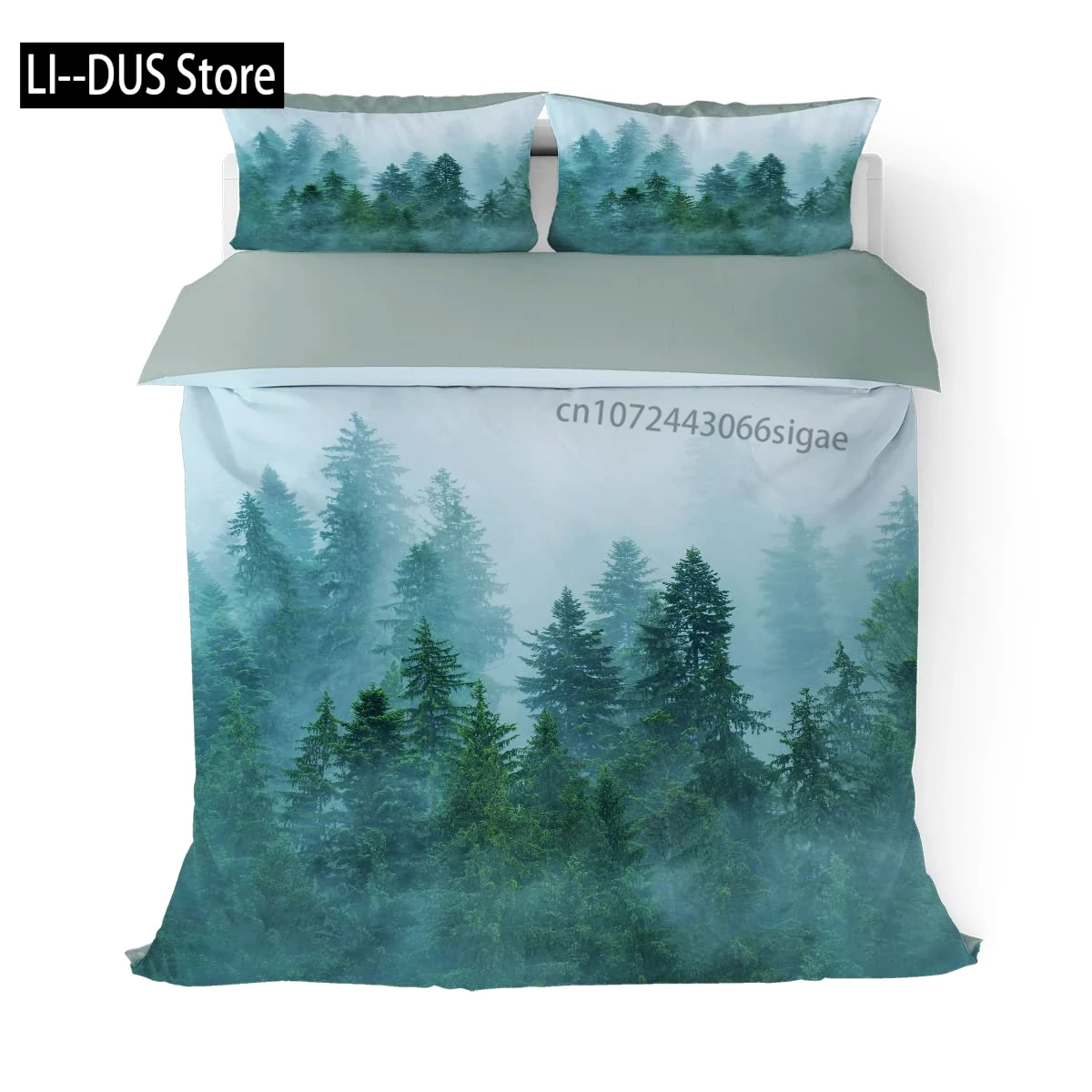 

Pine Trees in The Forest Duvet Cover Set, Foggy Decorative 3 Piece Bedding Set with 2 Pillow Shams, Queen Full Size, Warm Taupe