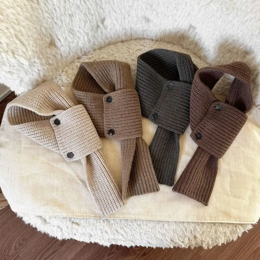 Korean Windproof Baby Cross Scarf Solid Color Button Design Kids Neckerchief Knit Cross Collar Neck Warmer Autumn Winter
