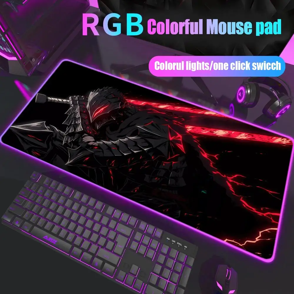 Berserk Mouse Pad Gamer Rgb Desk Mat Back Light Led Mousepad Setup Gaming Accessories Deskmat Big Mousepepad Backlight