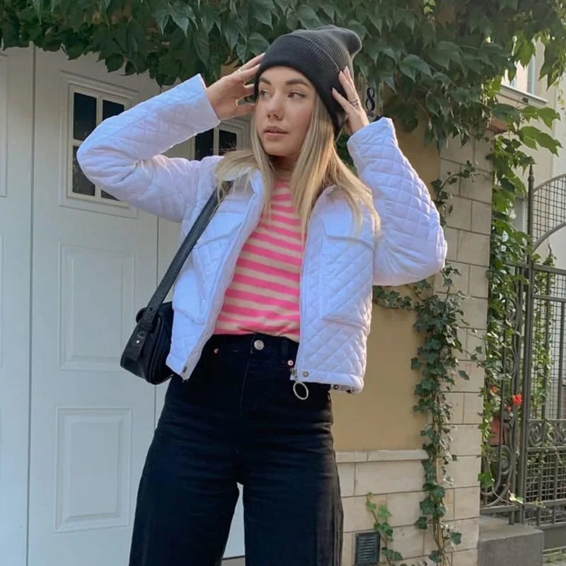 Women's Purple Short Cotton Jacket 2023 Women's Fall/Winter Slim Zipper Pocket Press Line Plaid Jacket Women's White Fashion