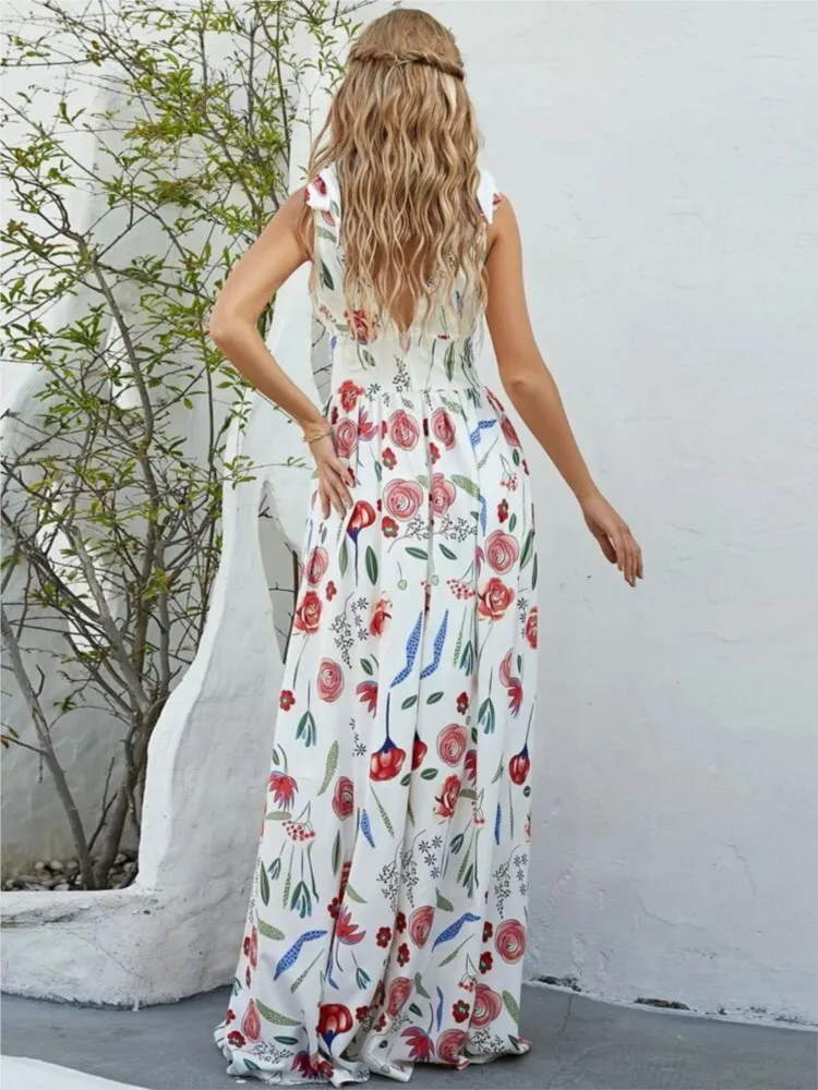 Sommer Druck Boho Lange Kleid Mode Lässig V-ausschnitt Spaghetti Strap Ärmellose Strand Party Maxi Kleider Für Frauen Robe Femme Neue