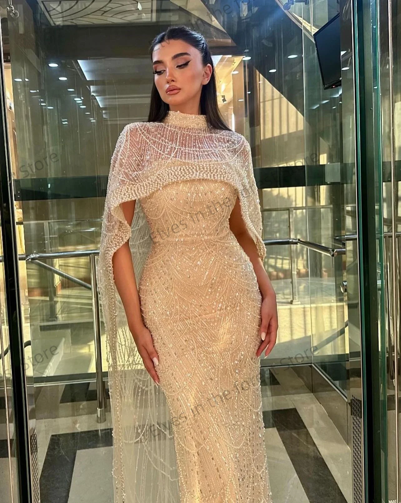 Luxo champanhe vestidos de noite lindo sereia vestidos de baile para eventos formais personalizado miçangas lantejoulas feminino vestidos de gala