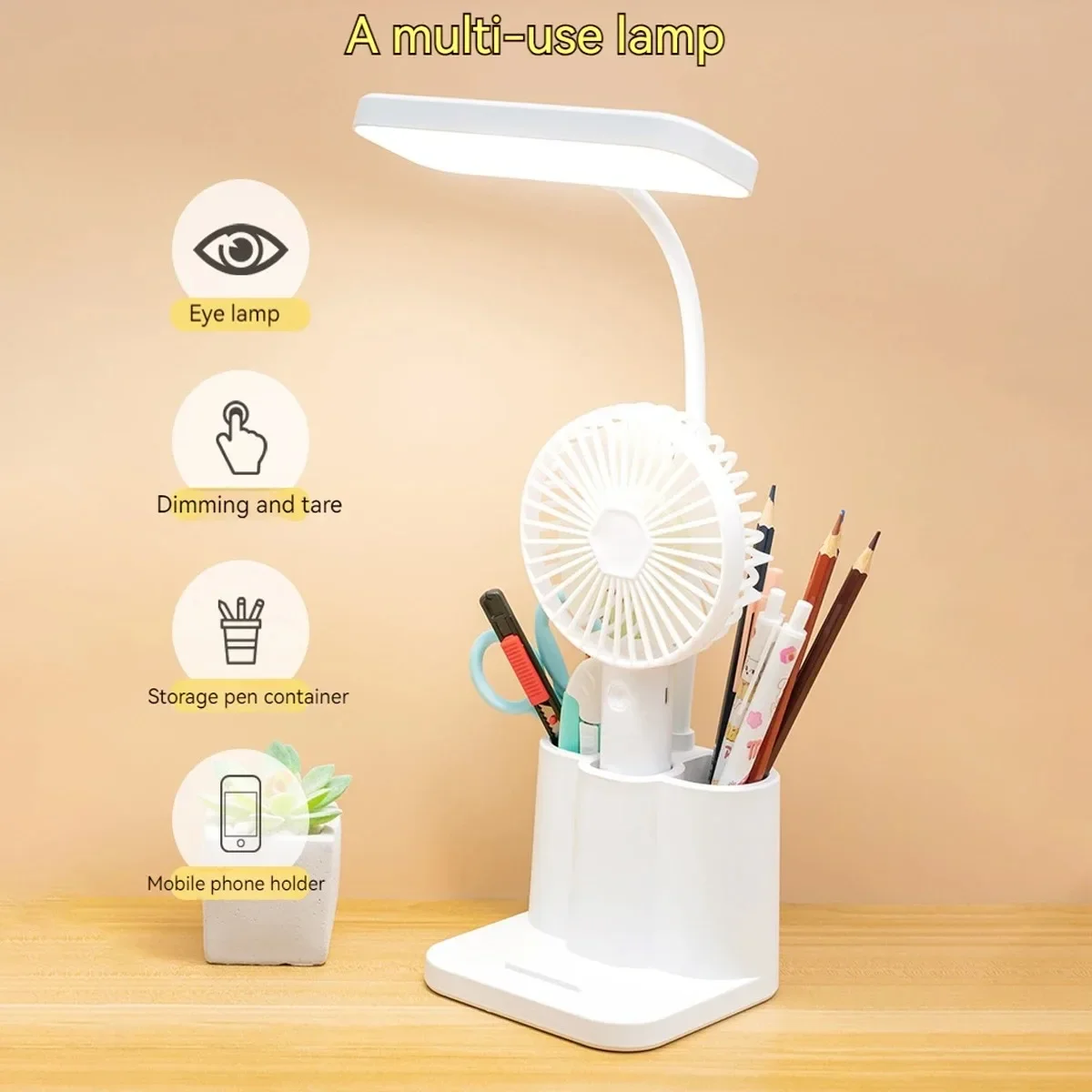 GGbingo Rechargeable USB Table Lamp Desk Light with Pen Holder Phone Holder Eye Protection Reading Lamp for Home Study Office