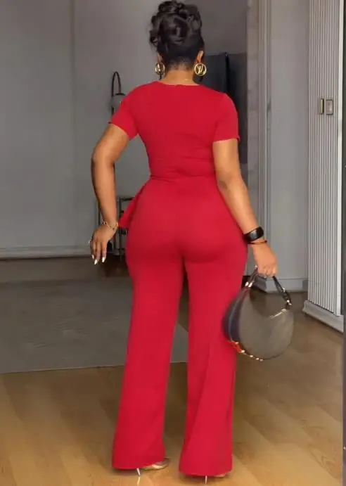 

Women's Temperament Jumpsuits Toggle Button Decor Round Neck Peplum Waist Overalls Female Casual Zipper Back Wide Leg Jumpsuit