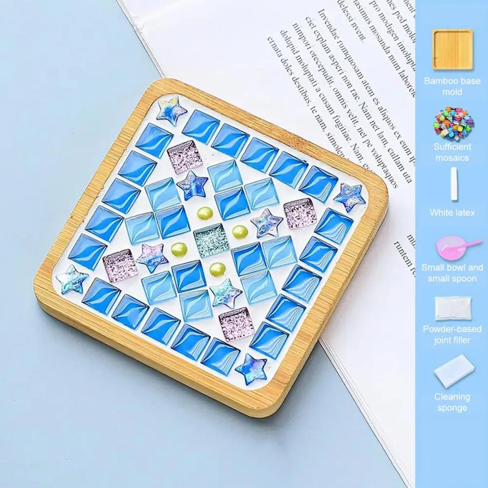

Handmade Mosaic Crafts Coaster with Accessories DIY Glass Mosaic Tile Coaster Set Mixed Color Mosaic Kit with Wooden Coaster