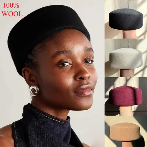 Imagen 2 del producto Boina clásica para mujer, sombrero de fieltro de lana, gorro de invierno para mantener el calor, sombrero Fedora blanco y negro, tocado, gorra de azafata Formal de diseñador
