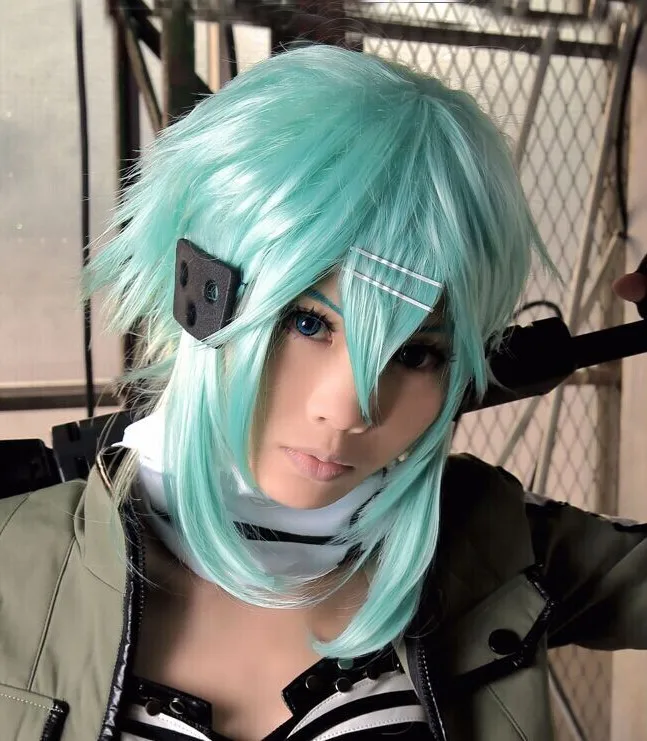 High Quality Sword Art Online Sword Sinon Asada Shino Cosplay Wig Green Blue Heat Resistant Synthetic Hair Wigs + Wig Cap