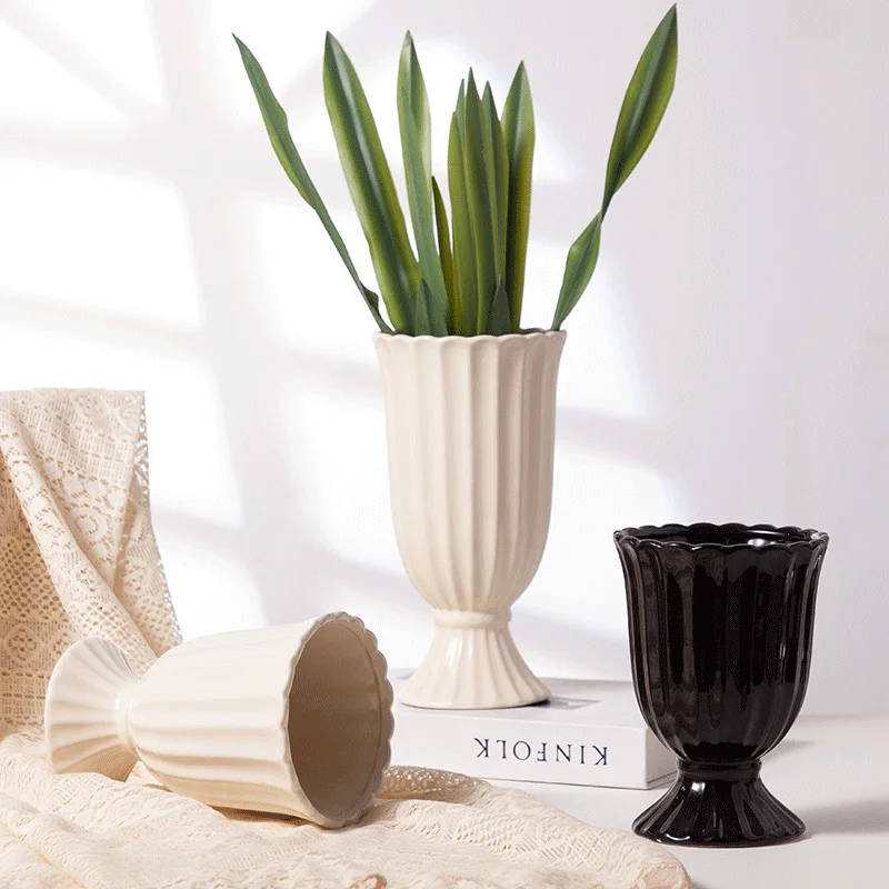 Roman Column Ceramic Simple Vase French Ins Wind Flower Arrangement Ornament Perforated Flower Pot