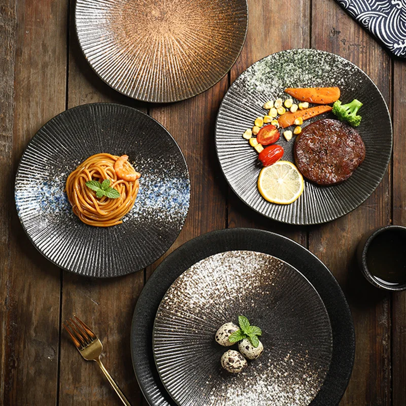 

Japanese simple round ceramic plate home creative steak plate spaghetti line flat plate western restaurant tableware