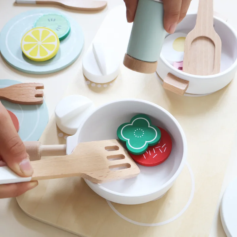 Juego de juguetes de cocina de madera minimalista: ollas/sartenes/cuchillos de cocina para niños pequeños, juego de chef pequeño