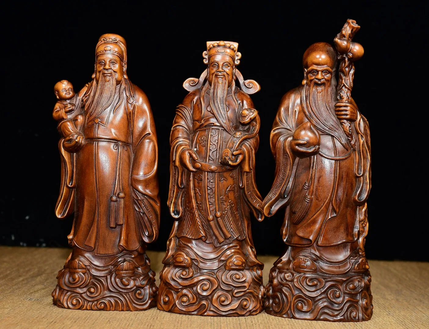 Old Boxwood Fu Lu Shou Shou Tao Longevity bless Gather fortune set  Gather fortune Worship Hall Town house