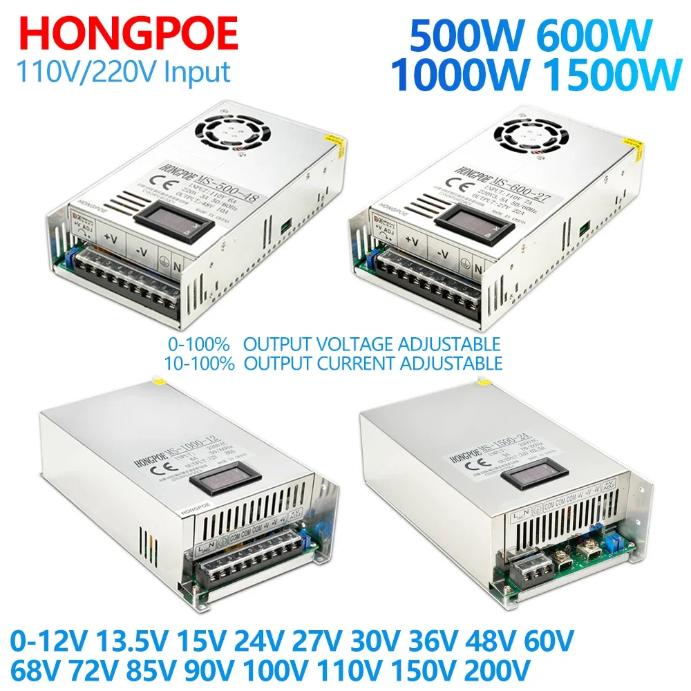 

500W 600W 1000W 1500W Digital Display Adjustable Power supply Output voltage 0.5-100% Output current 10%-100% AC-DC 12V 24V 36V