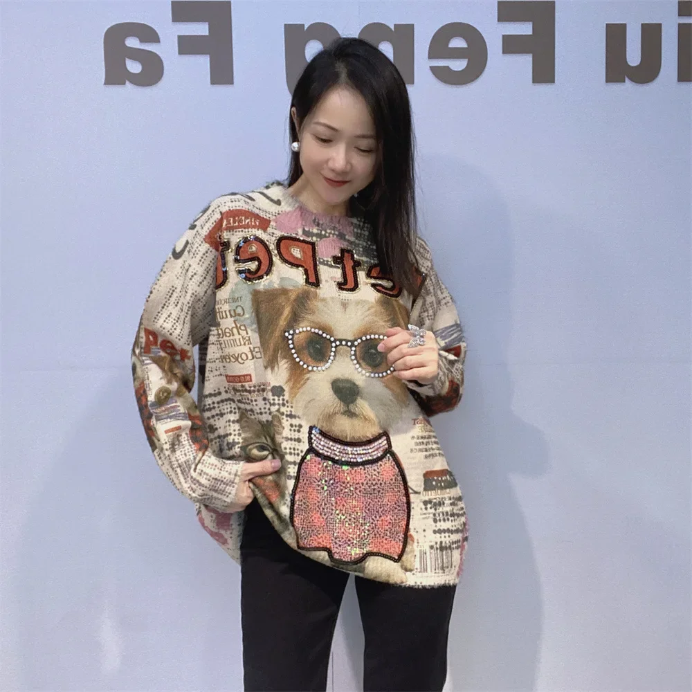 

Повседневные свитера большого размера, женская винтажная одежда, пуловер с длинными рукавами и вышивкой бисером, трикотаж, свободный свитшот