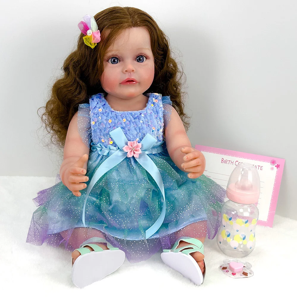 Muñeca Reborn de vinilo de 22" - Coleccionable, pelo largo y rizado marrón, ojos azules, vestido de princesa colorido, poseible, caja de regalo