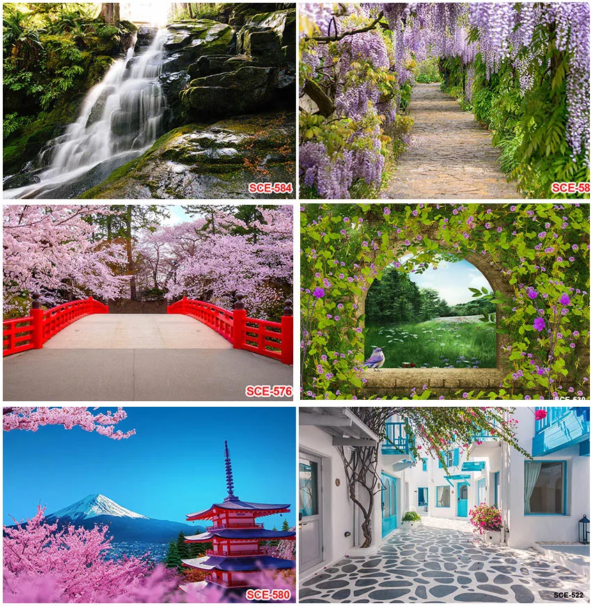 

Spring Scenic Sakura Trail Fuji Mountain Waterfall Temple Photography Backdrops Portrait Birthday Holiday Party Decor Background