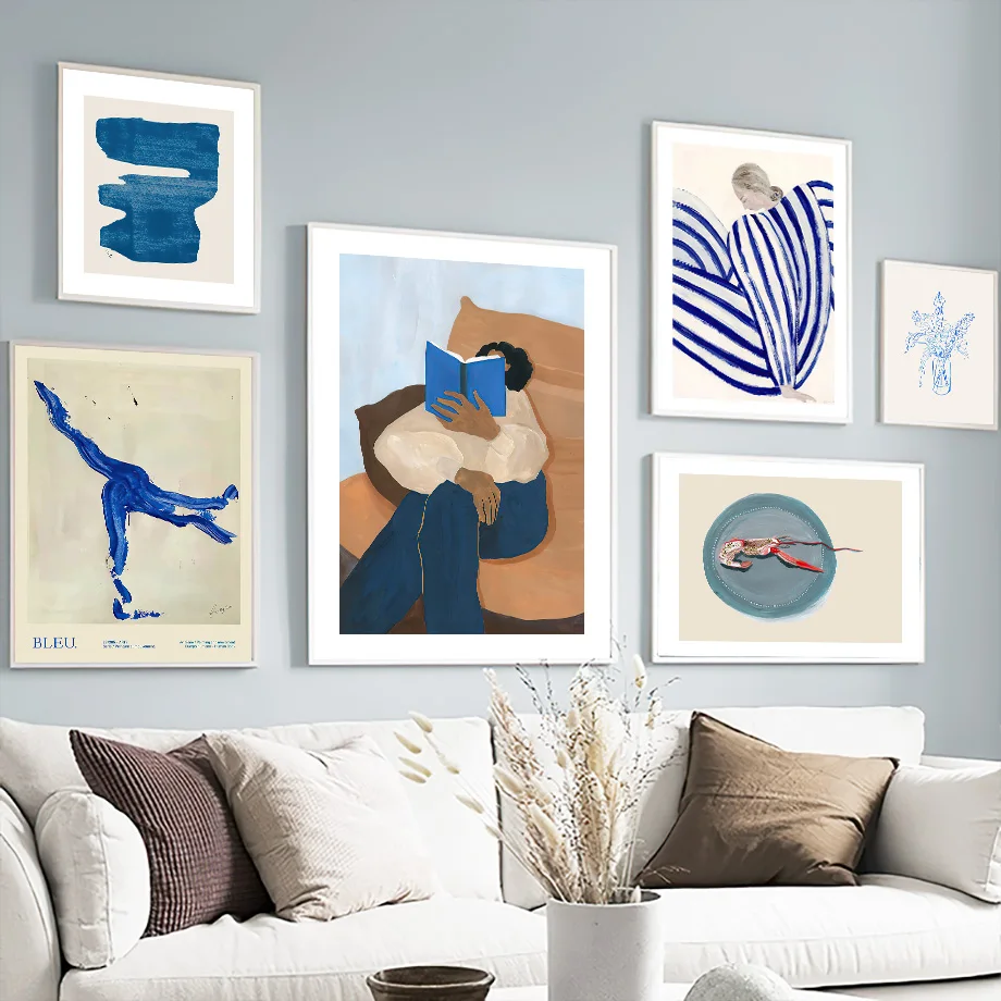 2026 Blue Striped Girl Book Vase Wall Art Canvas Painting Abstract Posters And Prints Hotel Bar Wall Pictures For Living Room De