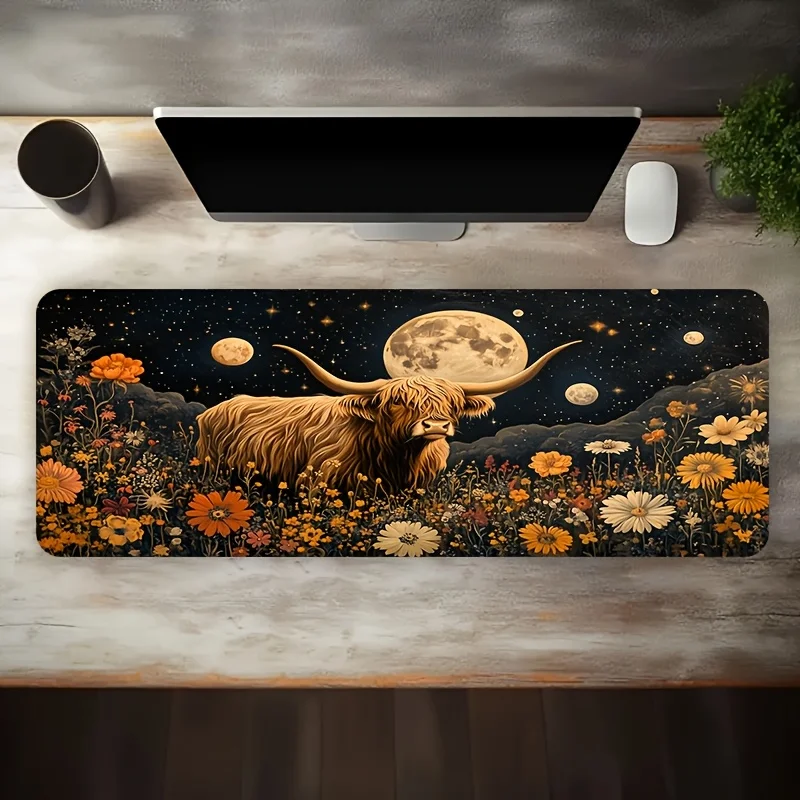 Generic Large Gaming Desk Mat Metal Decor Highland Flower Moon Print Non Slip Washable Rubber Base Oversized Office Computer Mou