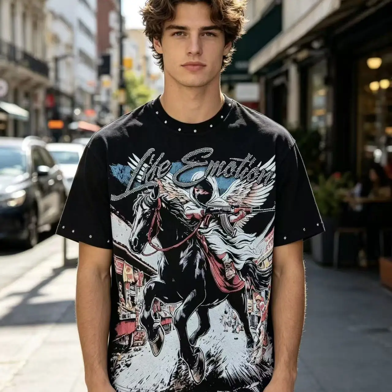 Mixed Emotion American Angel Knight Print Rhinestone Loose Casual Pure Cotton Short Sleeve T-Shirt Youth Trend Street Style C...