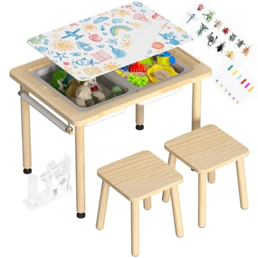 

Sensory Table for Toddlers: Wooden 3-in-1 Sand Water Activity Desk with Blue Stools Natural Wood Finish Includes Colored Pens A