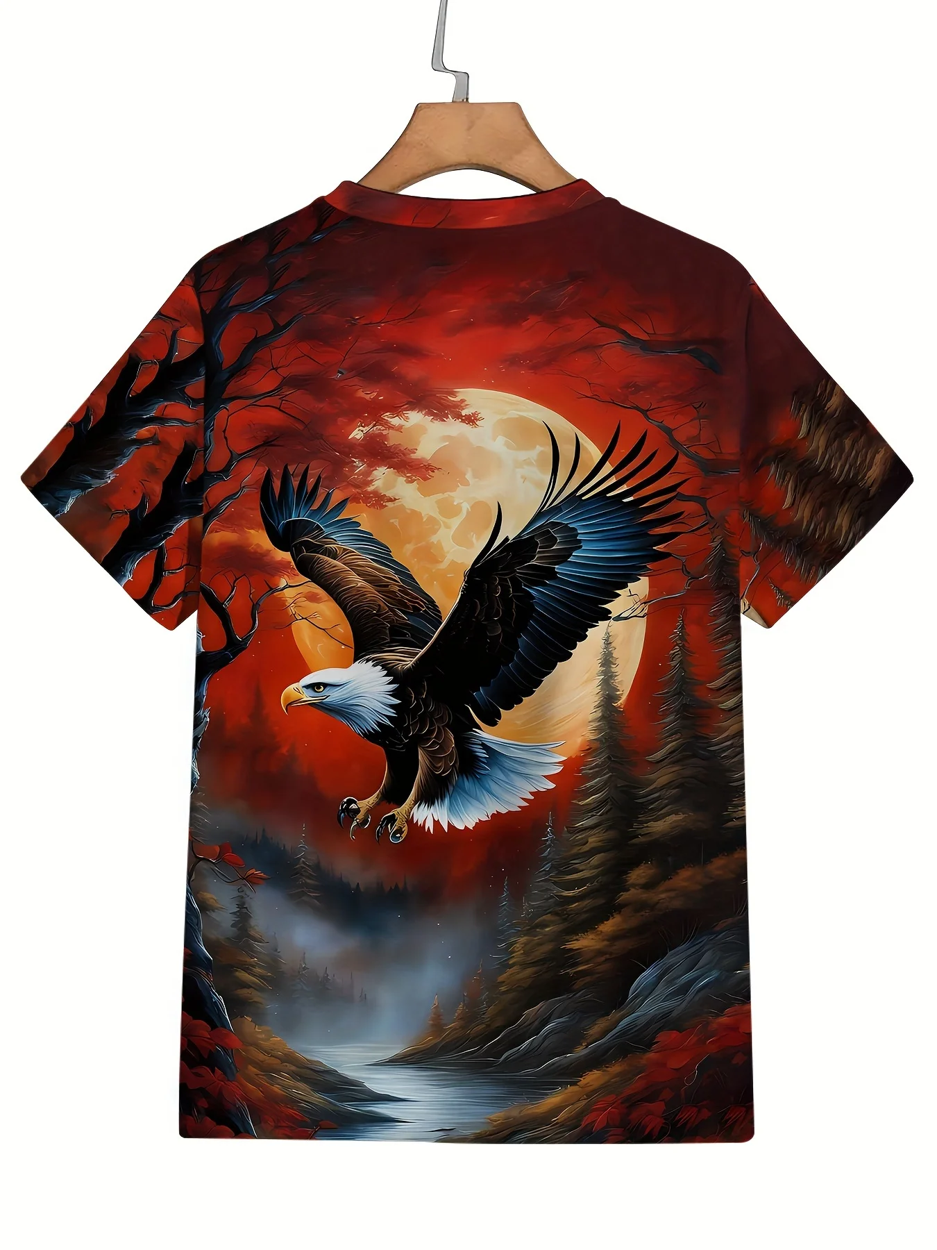 Bald Eagle Full Moon Forest Landscape T‑Shirt Quick Dry Breath 3D Print Crew Neck Tee Outdoor Sports Hip‑Hop Casual Tops for Men