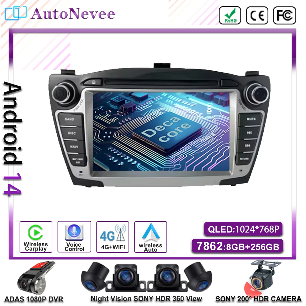 Android 14 Multimedia Radio Car Player GPS Navigation DVD NO 2DIN For Hyundai IX35 Tucson 2 LM 2009-2015 Head Unit Screen QLED