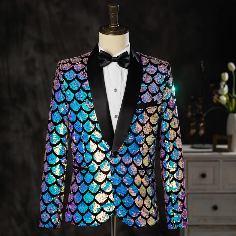 

Bar Concert Me's Singer Sequins Suit Blazers Stage Performance Shiny Tuxedo Evening Party Banquet Host Dance Slim Coat