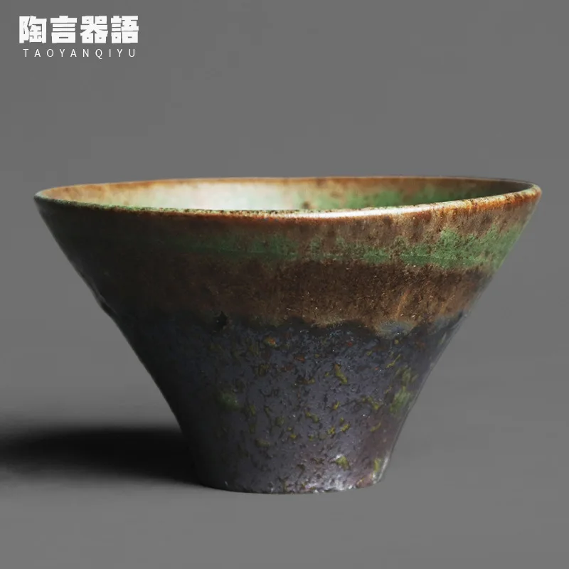 Bronze wormhole texture large flared personal tea cup handmade retro pottery Kung Fu tea ceremony tea drinking single cup