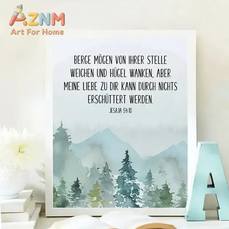 AZNM German Bible Quote Canvas Wall Art Watercolor Mountain Forest Scripture Verse Art Print Unframed Canvas Poster for Bedroom