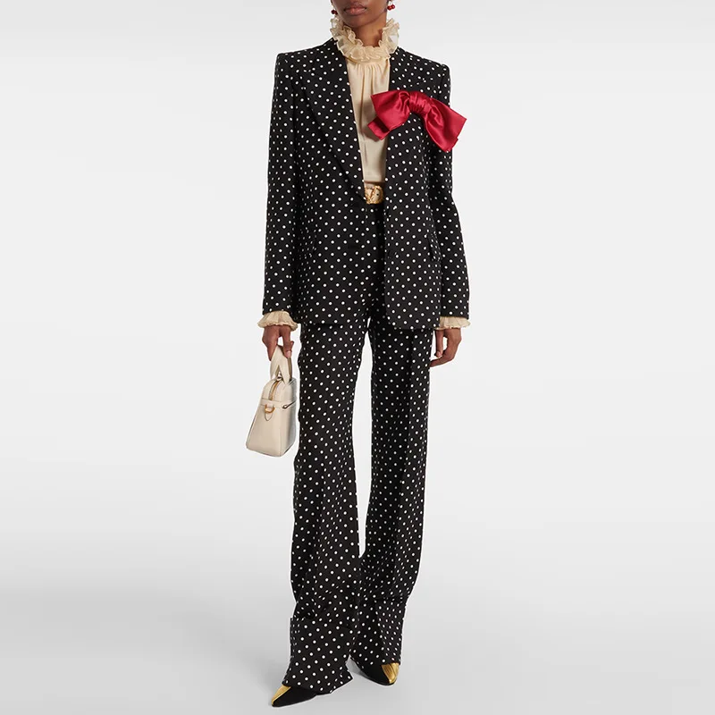 

Spring And Autumn New Fashionable Commuter Bow Decoration Polka Dot Long Sleeve Suit Jacket Long Pants Set Two Piece Set