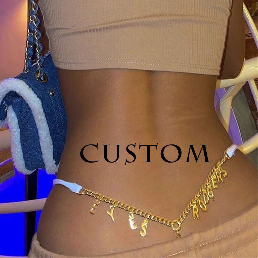 Colorfast Summer Name Waist chain Women Stainless Steel for Women Body Chain Custom Cuban Chain Letters Thong Beach Pants Womens