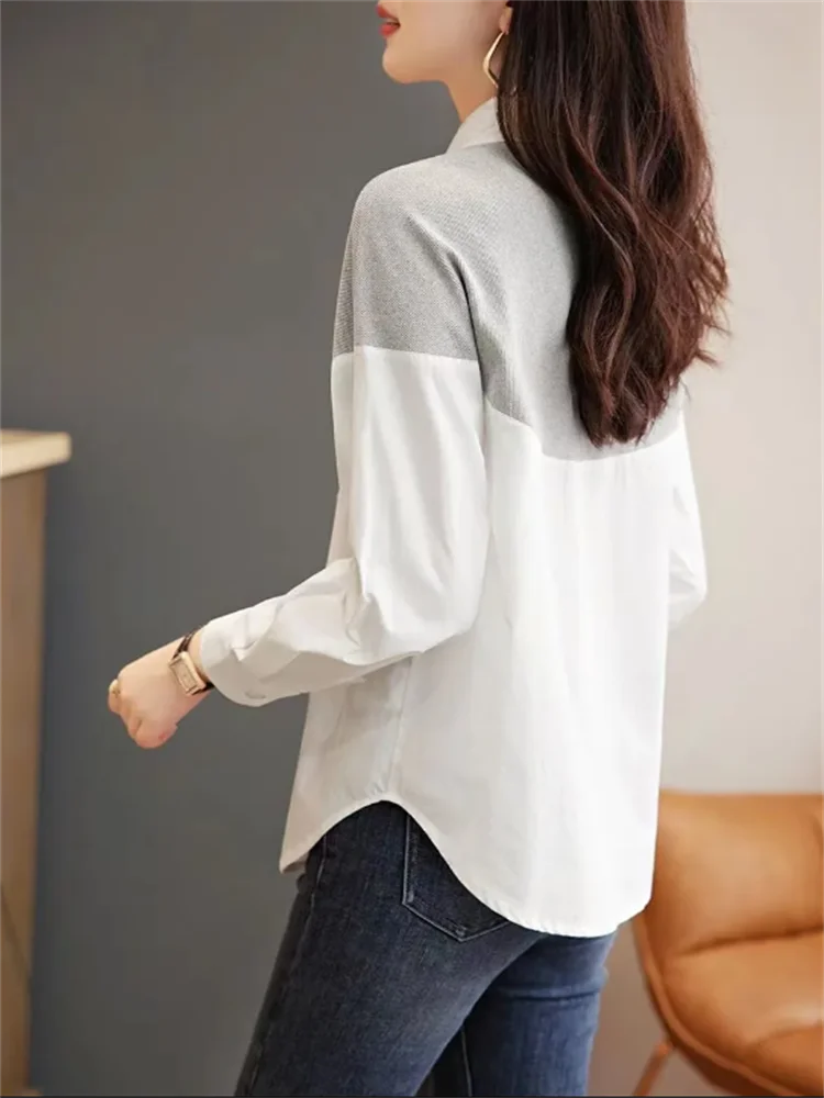 Fashion Blouses Women Shirt Patchwork Top Cardigan Woman Clothes Shirts Pointed Collar Button Up Shirt Loose Casual Female Shirt