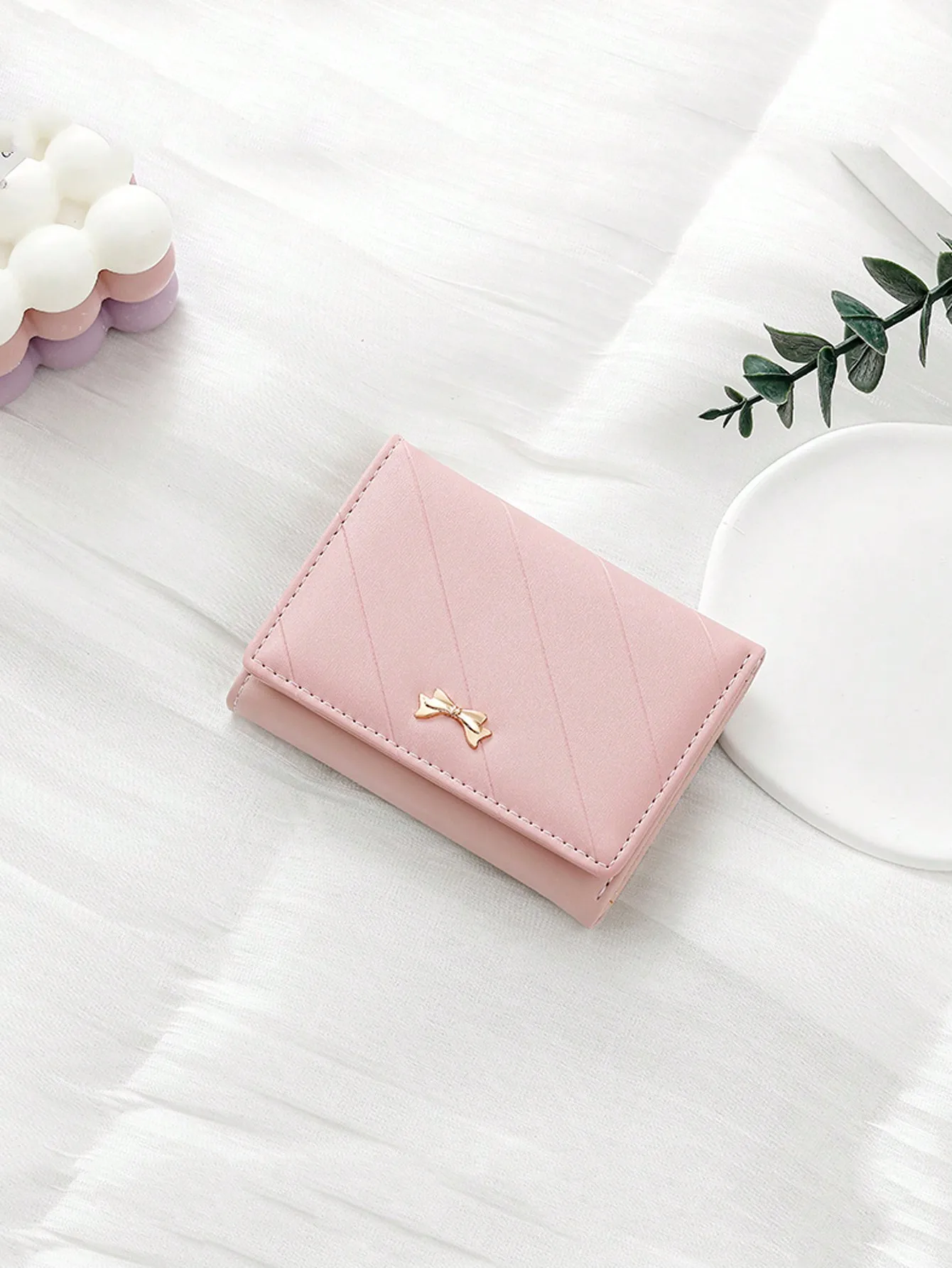 

Bowknot Accent Minimalist Tri-Fold Women Wallet Multiple Card Slots Cute Cat Ear Design PU Snap Button Short-Style For Students