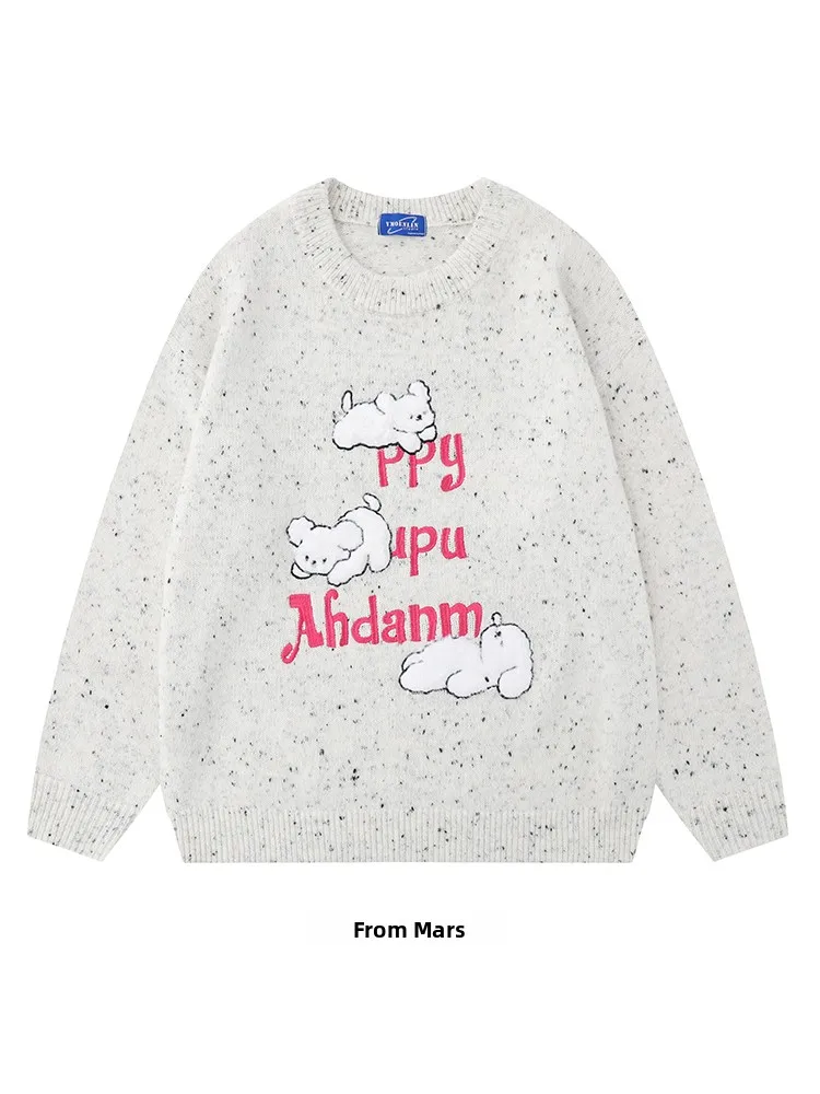 

Модный вязаный свитшот с вышивкой в виде надписей, круглый вырез, свободный крой, для женщин, зимний сезон, длинный рукав, с мультяшным принтом