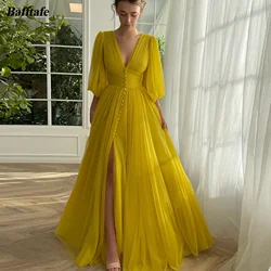 A Line Yellow Korea Prom Dresses Deep V-Neck Half Sleeves Women Formal Evening Gowns Buttons Front Slit Party Dress Customized