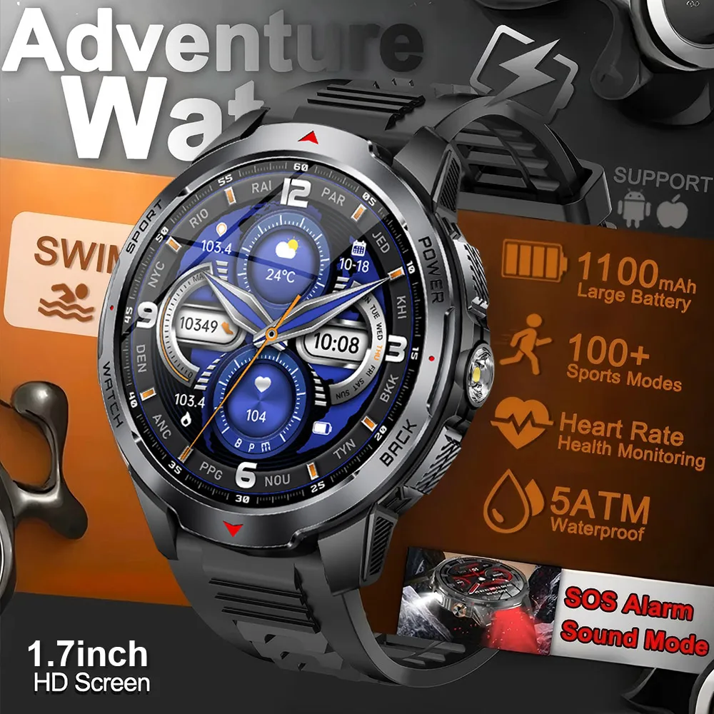 

2025 New Adventure Watch 1100mAh Battery SmartWatch 5ATM Waterproof GPS Bluetooth call 1.7" AMOLED HD Sports Smart Watches Men